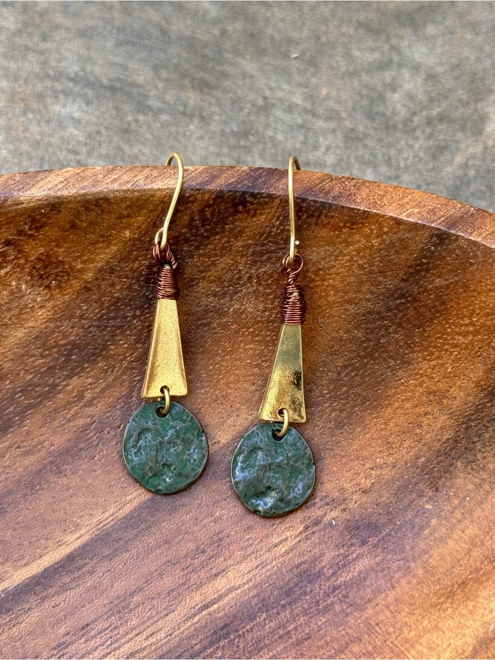 Vintage boho Gold and Green Drop Earrings – Artisan Brass & Patina Discs - light